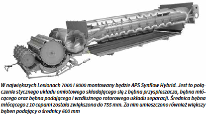 W największych Lexionach 7000 i 8000 montowany będzie APS Synflow Hybrid. Jest to połączenie stycznego układu omłotowego składającego się z bębna przyspieszacza, bębna młócącego oraz bębna podającego i wzdłużnego rotorowego układu separacji. Średnica bębna młócącego z 10 cepami została zwiększona do 755 mm. Za nim umieszczono również większy bęben podający o średnicy 600 mm